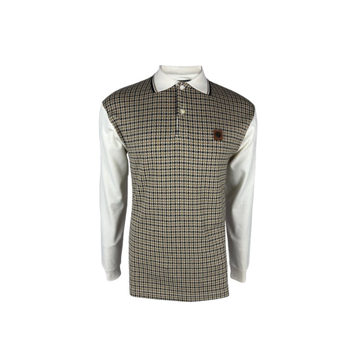 Trojan Long Sleeve Houndstooth Panel Polo Ecru