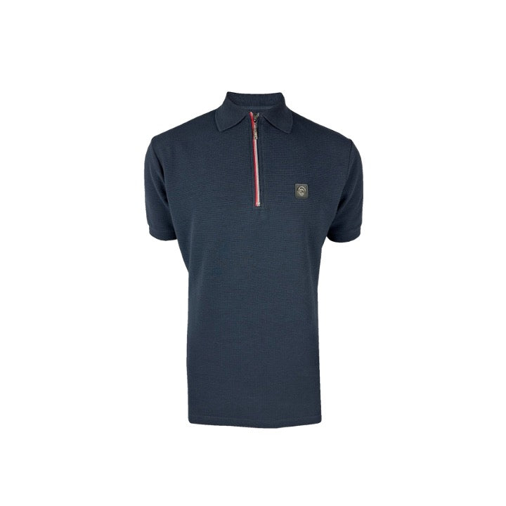 Trojan Ottoman Rib Chrome-Effect Zip Polo Shirt Navy